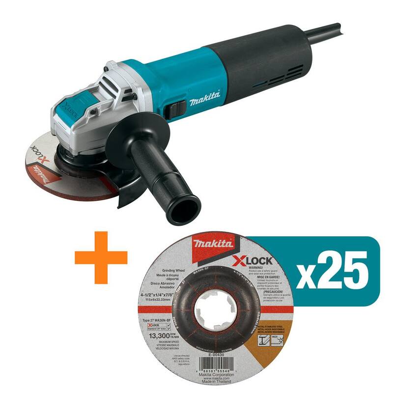 Amoladora angular con cable de 13 amperios de Makita con sistema X-LOCK de 5 pulgadas con rueda de esmerilado de grano 36 de 4-1/2 x 1/4 x 7/8 pulgadas de bonificación (cantidad 25) - GA5080-E0043025