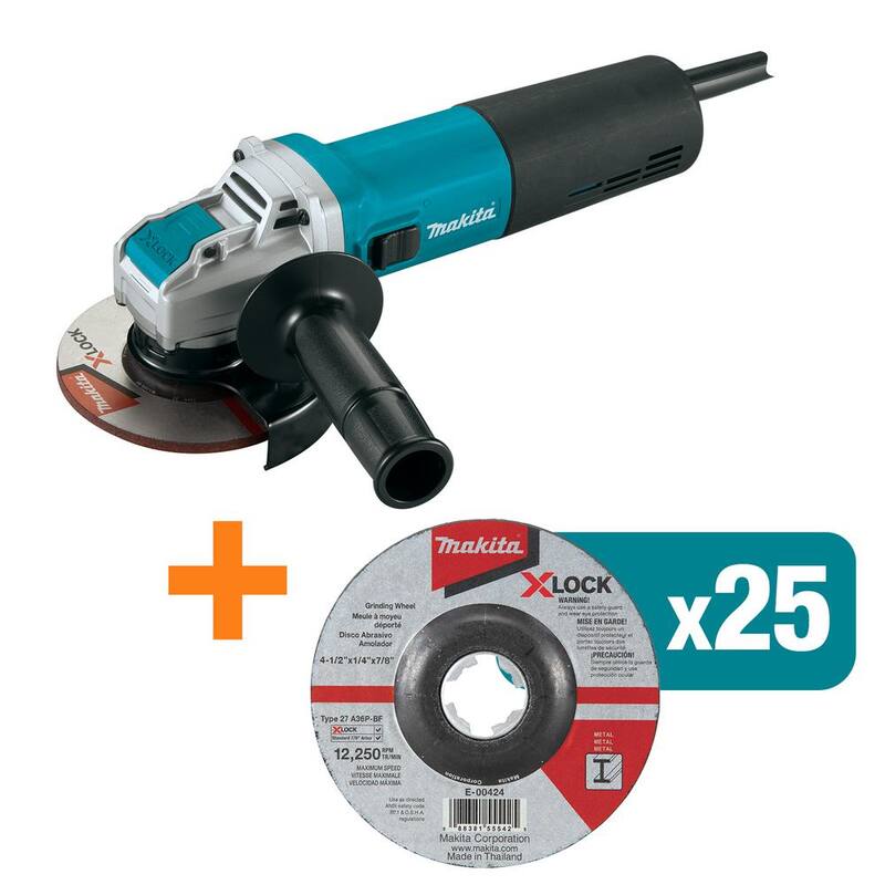 Amoladora angular con cable de 13 amperes y 5 pulgadas X-LOCK de Makita con bono de rueda de 36 granos GA5080-E0042425 (cantidad de 25)
