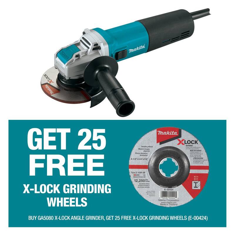Amoladora angular con cable de 13 amperes y 5 pulgadas X-LOCK de Makita con bono de rueda de 36 granos GA5080-E0042425 (cantidad de 25)