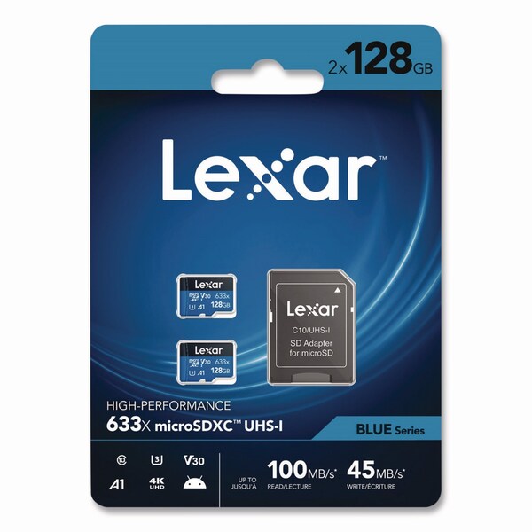 Lexar High Performance BLUE Series microSDXC Memory Card with Adapter, UHS-I V30 U1 Class 10, 128 GB, 2PK - LSDMI128-B2U633