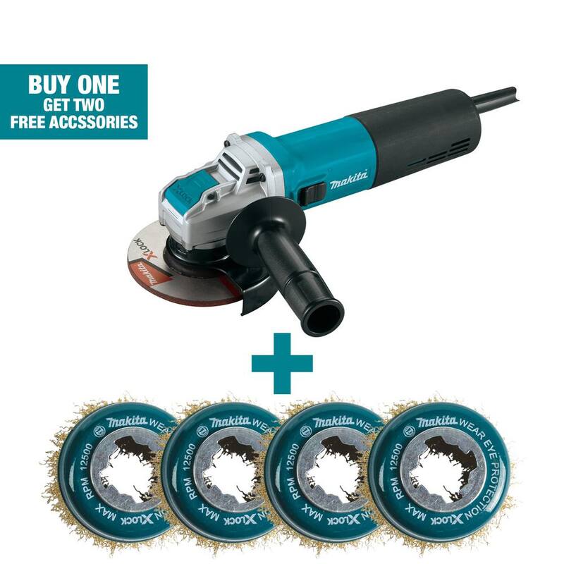 Amoladora angular con cable de 13 amperios de 5 pulgadas X-Lock de Makita con bono (cantidad 4) X-Lock 3 pulgadas Cepillo de copa de alambre de acero al carbono recubierto de latón crimpado - GA5080-D72671x4