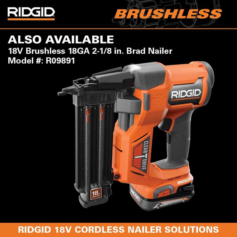 Pistola de clavos neumática RIDGID de calibre 18 de 2-1/8 pulgadas con tecnología CLEAN DRIVE, bolsa de herramientas y clavos de muestra - R213BNF