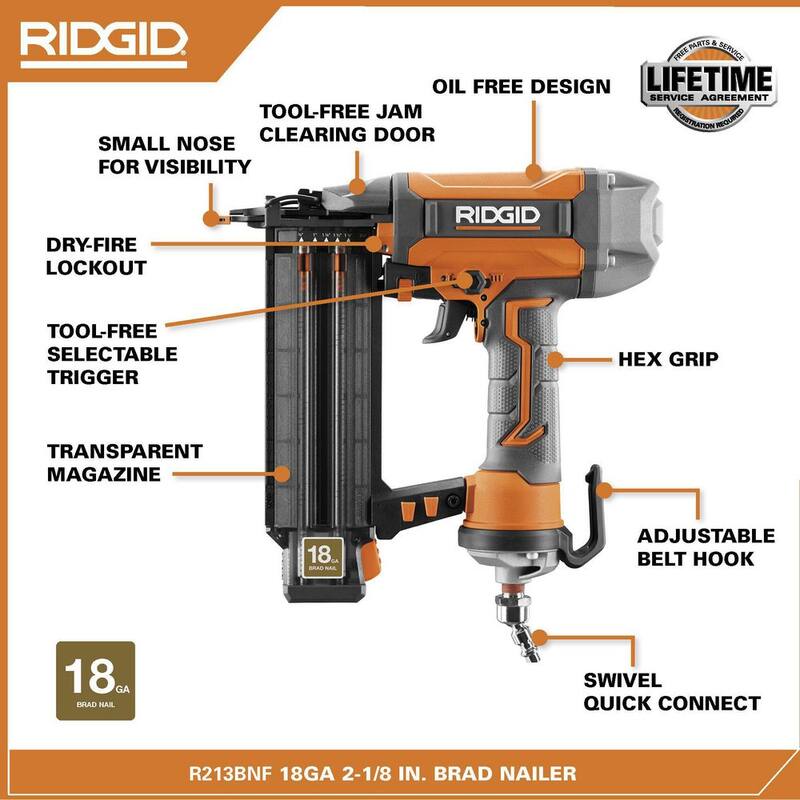 Pistola de clavos neumática RIDGID de calibre 18 de 2-1/8 pulgadas con tecnología CLEAN DRIVE, bolsa de herramientas y clavos de muestra - R213BNF