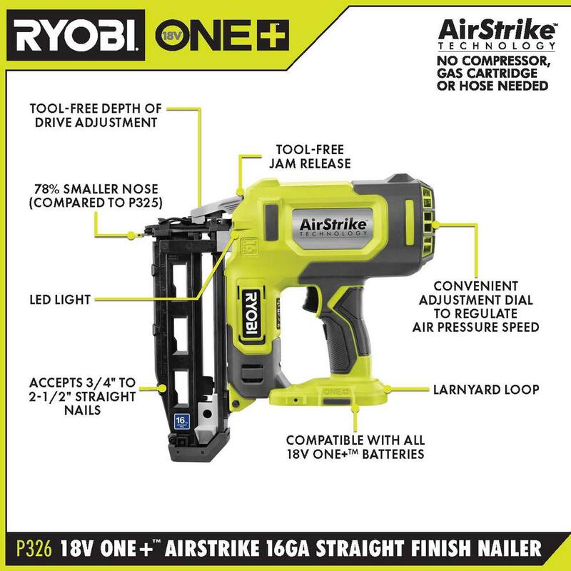 Clavadora inalámbrica para acabados de calibre 16 RYOBI ONE+ 18V AirStrike (solamente herramienta) - P326