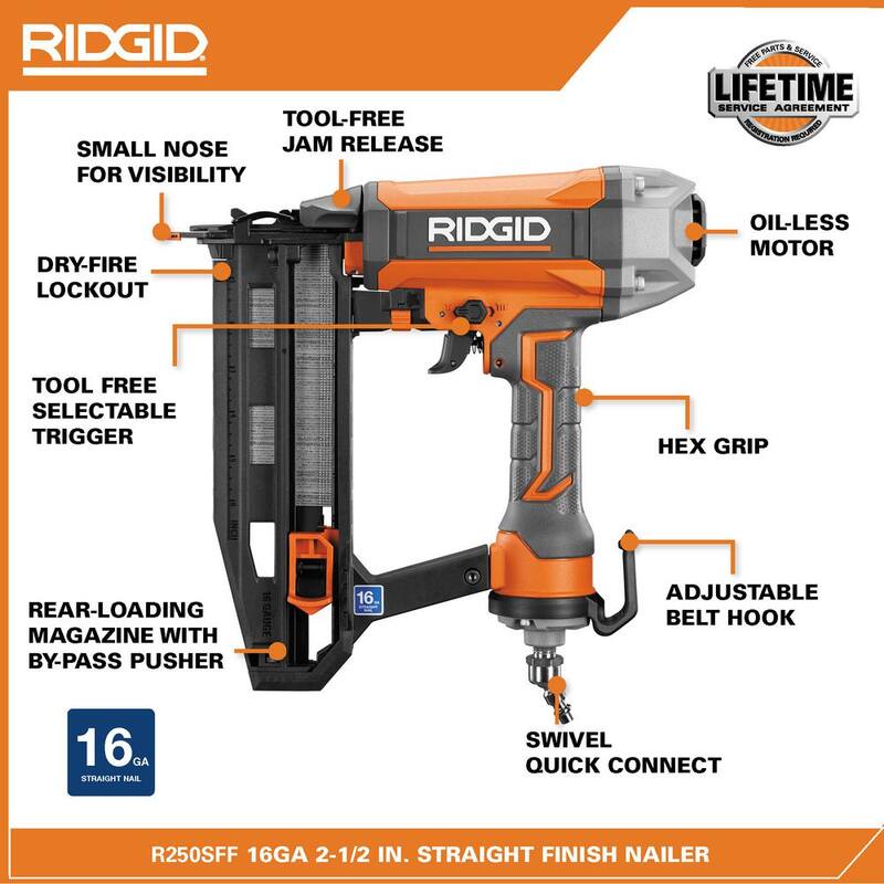 Clavadora neumática de acabado recto de calibre 16 de 2-1/2 pulgadas con tecnología CLEAN DRIVE - R250SFF de RIDGID