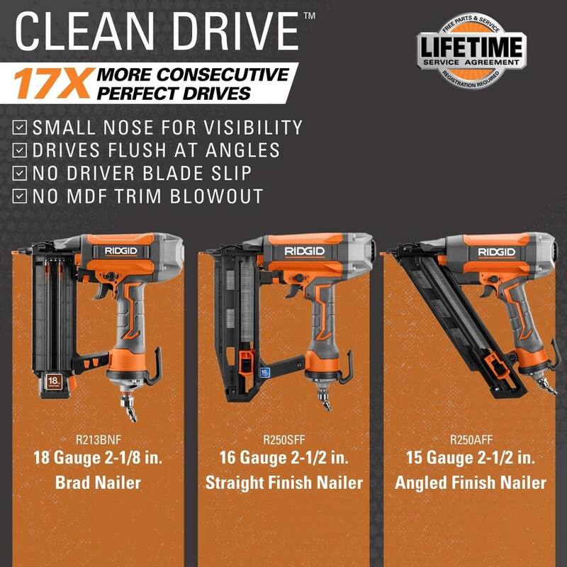 Clavadora neumática de acabado recto de calibre 16 de 2-1/2 pulgadas con tecnología CLEAN DRIVE - R250SFF de RIDGID