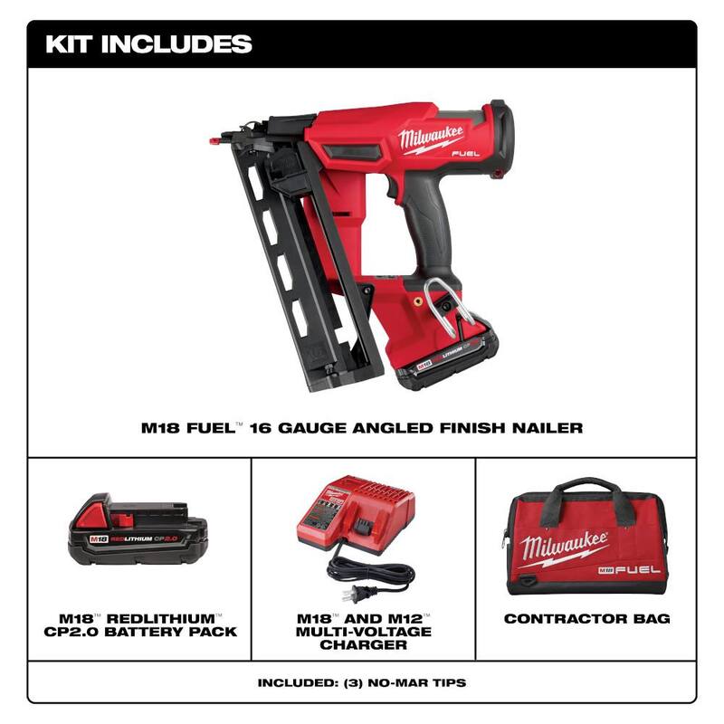 Milwaukee M18 FUEL 18-Volt Lithium-Ion Brushless Cordless Gen II 16-Gauge Angled Finish Nailer Kit con batería de 2.0Ah y cargador - 2841-21CT