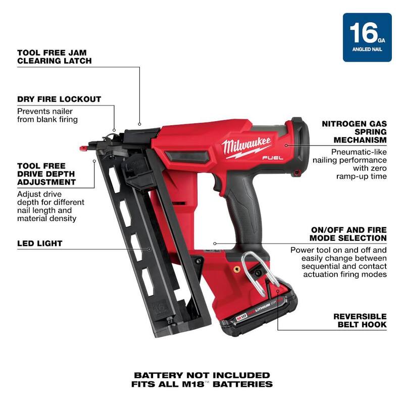Milwaukee M18 FUEL 18-Volt Lithium-Ion Brushless Cordless Gen II 16-Gauge Angled Finish Nailer Kit con batería de 2.0Ah y cargador - 2841-21CT