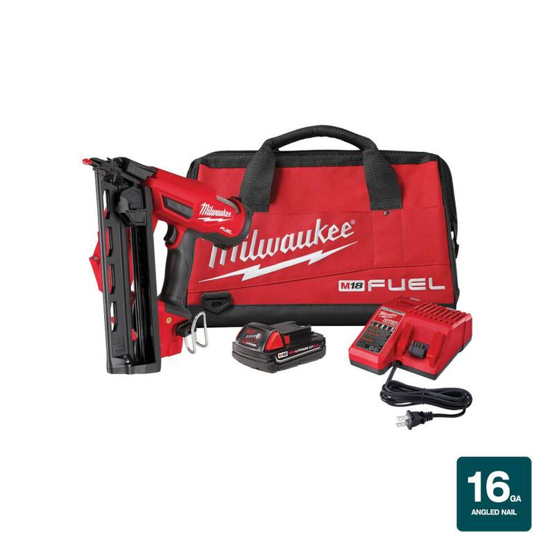 Milwaukee M18 FUEL 18-Volt Lithium-Ion Brushless Cordless Gen II 16-Gauge Angled Finish Nailer Kit con batería de 2.0Ah y cargador - 2841-21CT