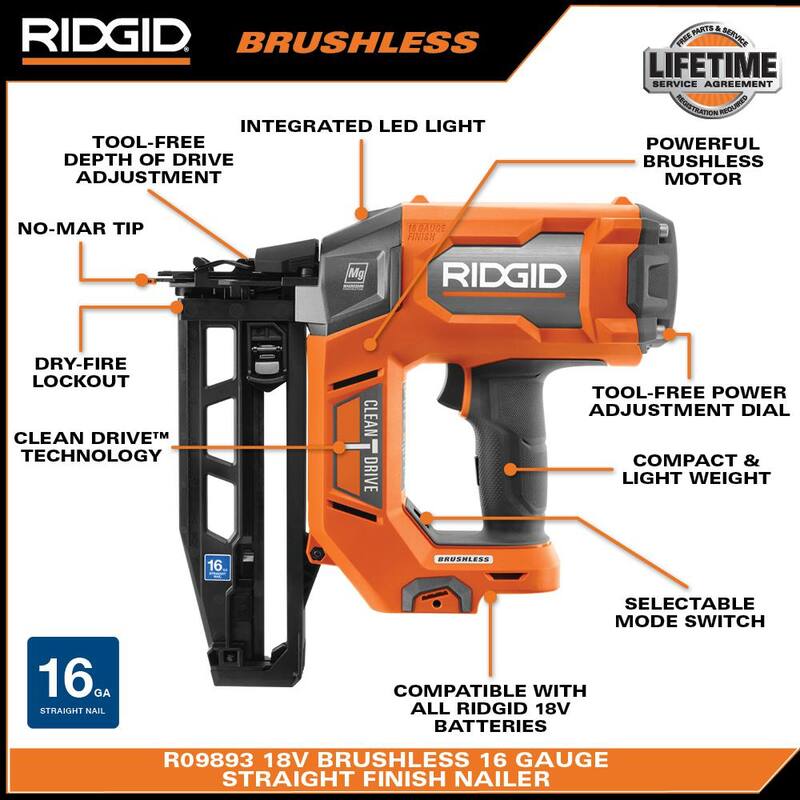 Clavadora inalámbrica RIDGID 18V Brushless de 16 calibres 2-1/2 pulgadas recta (Herramienta solamente) - R09893B