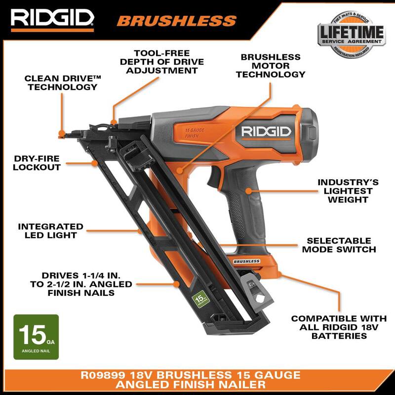 Clavadora de acabado angular inalámbrica sin escobillas RIDGID de 18V de calibre 15 (Solo herramienta) - R09899B