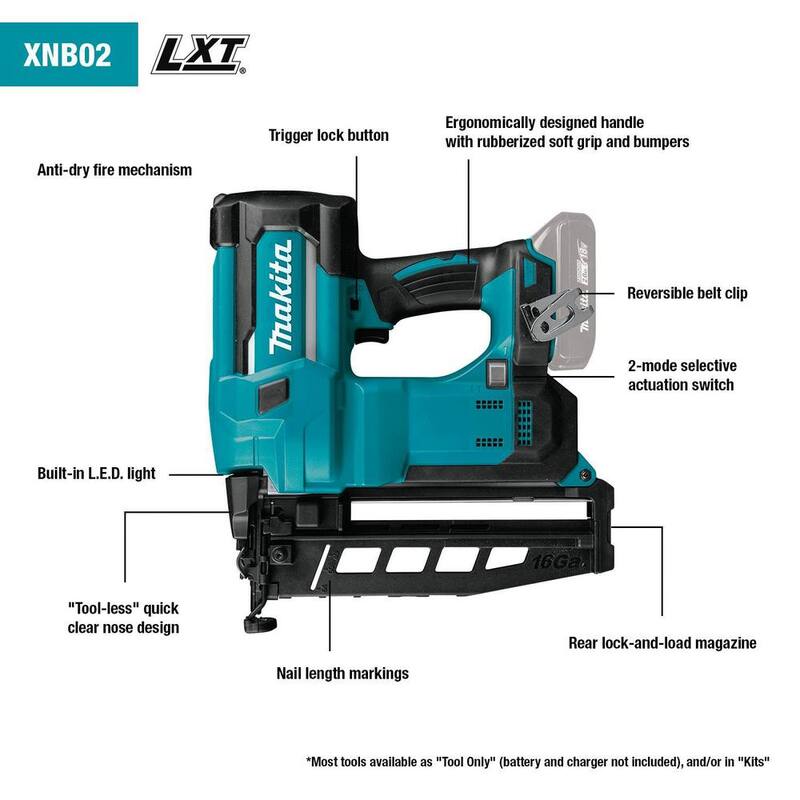 Makita 18V LXT Lithium-Ion 16-Gauge Inalámbrico 2-1/2 in. Clavadora Recta para Acabados (Herramienta Únicamente) - XNB02Z
