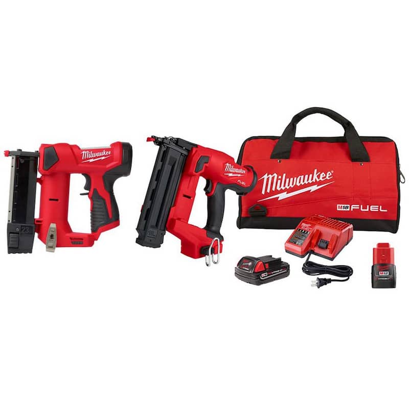 Kit de clavadora inalámbrica sin escobillas Milwaukee M18 FUEL de 18 voltios con clavadora de clavos de calibre 18 23-Gauge inalámbrica y batería M12 de 2.0AH - 2746-21CT-2540-20-48-11-2420