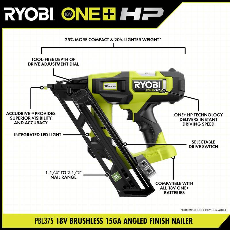 Clavadora de acabado angular RYOBI ONE+ HP 18V Brushless inalámbrica de 15 calibres a 34 grados (Herramienta solamente) - PBL375B
