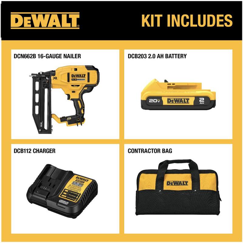 DEWALT 20V MAX XR Clavadora inalámbrica de acabado de calibre 16 con batería de 2.0Ah, cargador y bolsa de kit - DCN662D1
