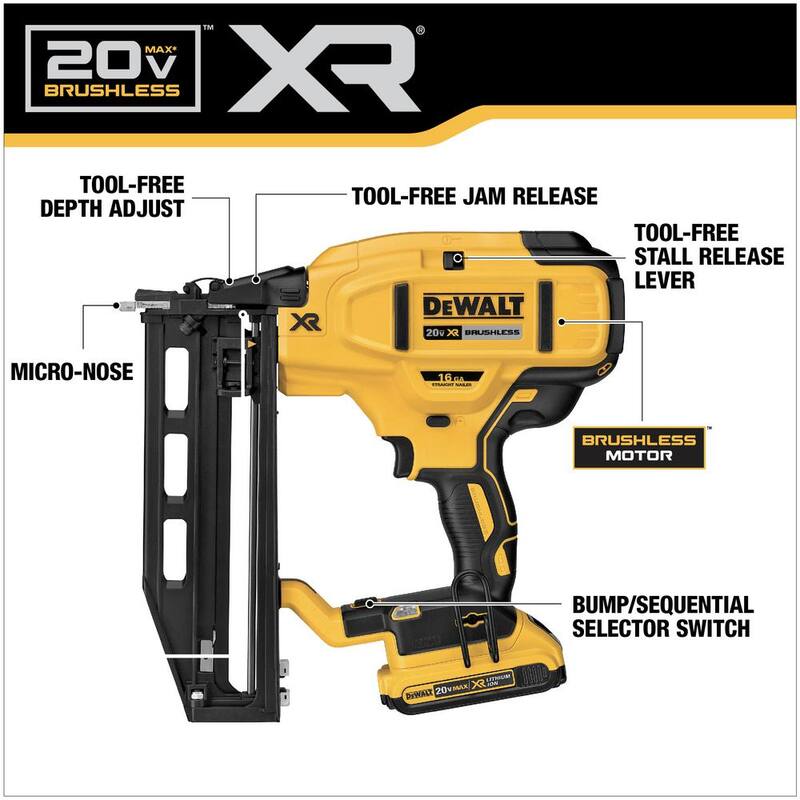 DEWALT 20V MAX XR Clavadora inalámbrica de acabado de calibre 16 con batería de 2.0Ah, cargador y bolsa de kit - DCN662D1