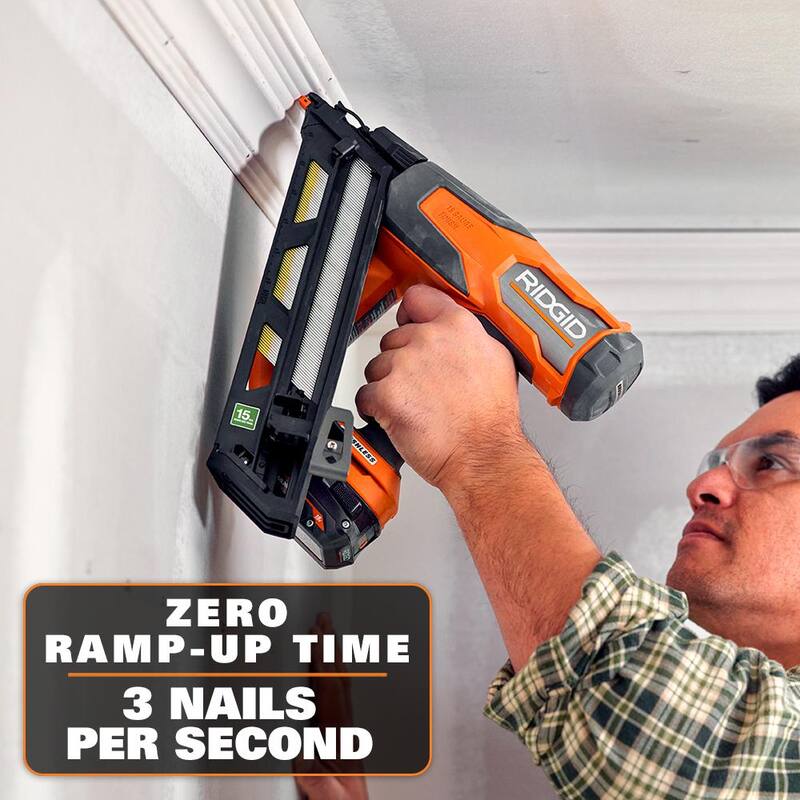 Pistola de clavos angular inalámbrica sin escobillas RIDGID de 18V para clavos de acabado de calibre 15 con batería de salida máxima de 2.0Ah y cargador - R09899K