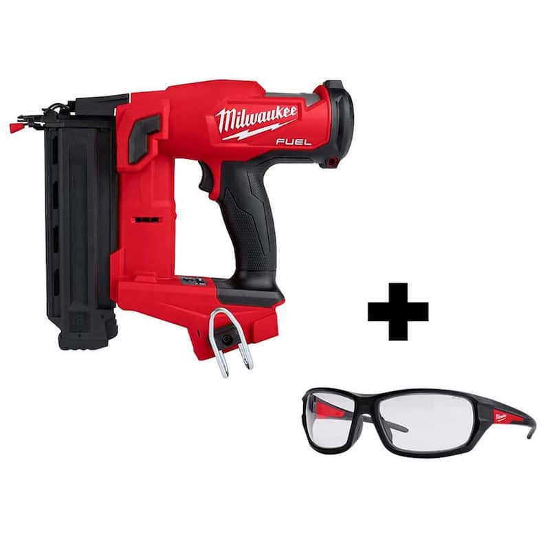 Clavadora inalámbrica Milwaukee M18 FUEL de 18 voltios, calibre 18, de iones de litio sin escobillas Gen II y anteojos de seguridad de alto rendimiento transparentes - 2746-20-48-73-2020