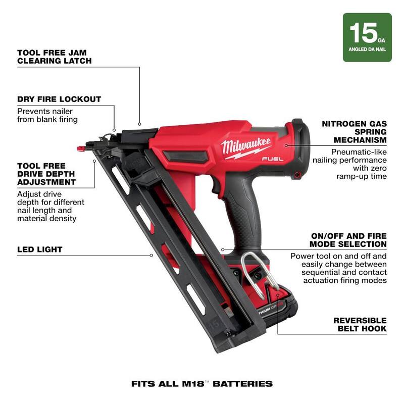 Kit de pistola clavadora angular de calibre 15 inalámbrica Milwaukee M18 FUEL de 18 voltios con tecnología de iones de litio sin escobillas Gen II con lijadora de órbita aleatoria - 2839-21CT-2648-20
