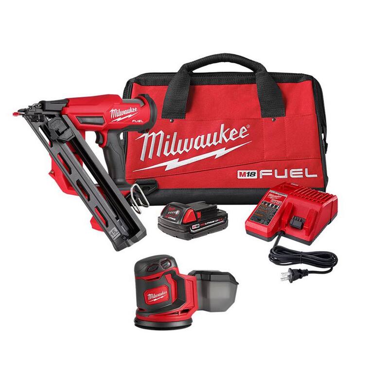 Kit de pistola clavadora angular de calibre 15 inalámbrica Milwaukee M18 FUEL de 18 voltios con tecnología de iones de litio sin escobillas Gen II con lijadora de órbita aleatoria - 2839-21CT-2648-20
