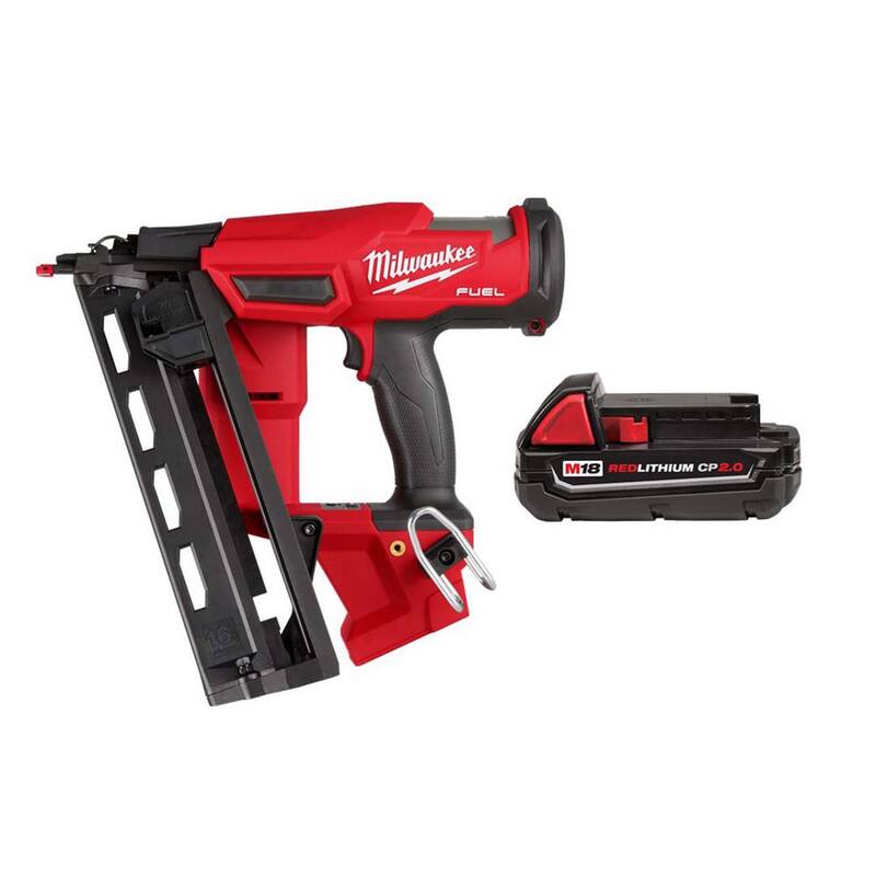 Clavadora angular de acabado de calibre 16 Milwaukee M18 FUEL inalámbrica sin escobillas de 18 voltios de segunda generación y solo herramienta, junto con batería compacta de 18 voltios 2.0 Ah M18 - 2841-20-48-11-1820.