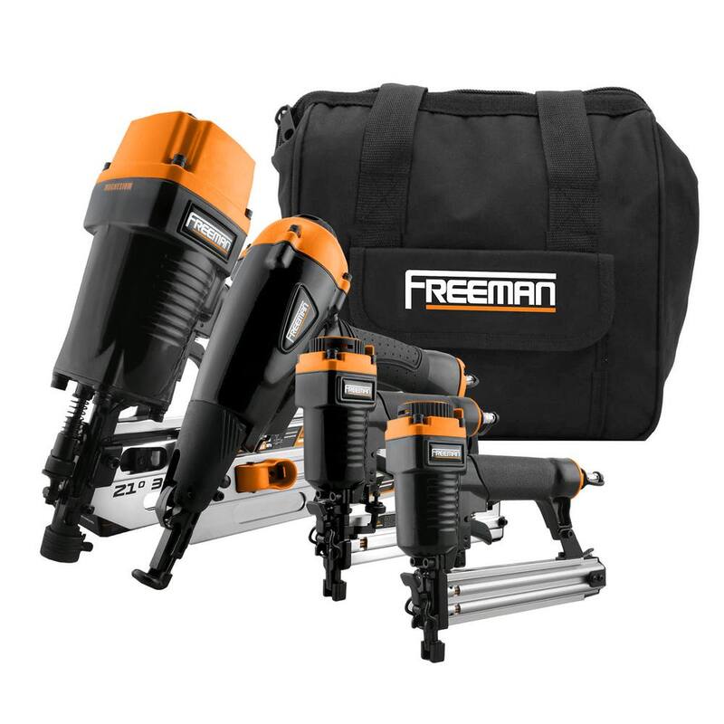 Kit de clavadoras y grapadoras neumáticas para armazones y acabados de Freeman con bolsa (4 piezas) - P4FRFNCB