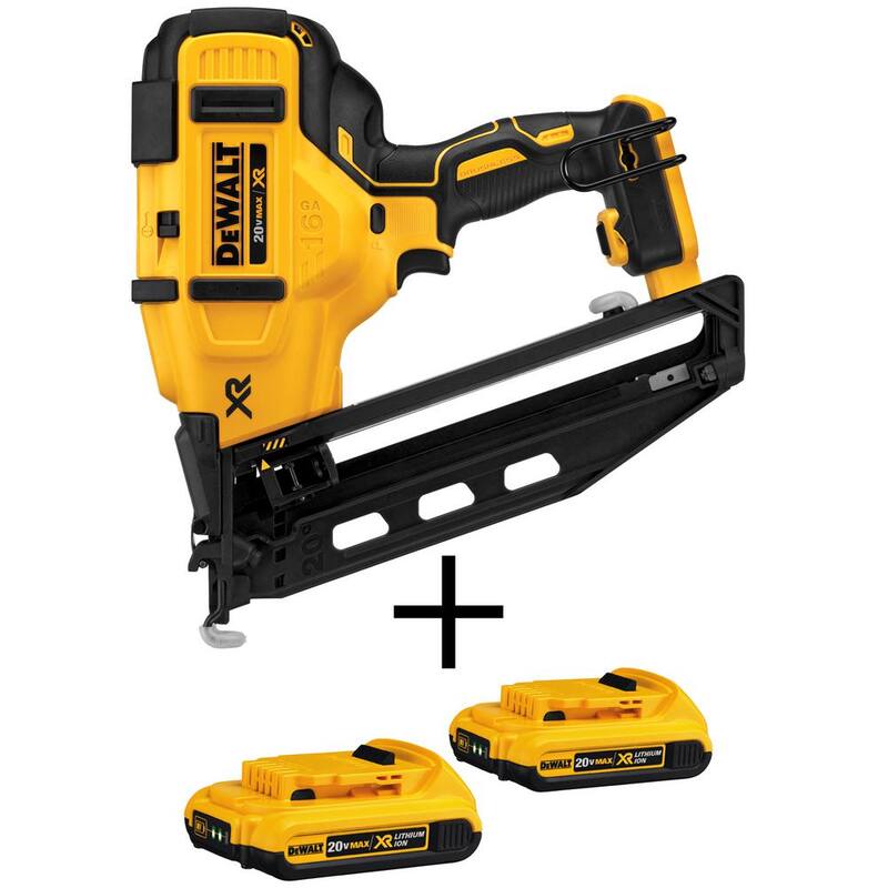 DEWALT 20V MAX XR Lithium-Ion 16-Gauge Electric Cordless Angled Finishing Nailer con (2) paquetes de baterías compactas de 2.0Ah - DCN660BW203-2