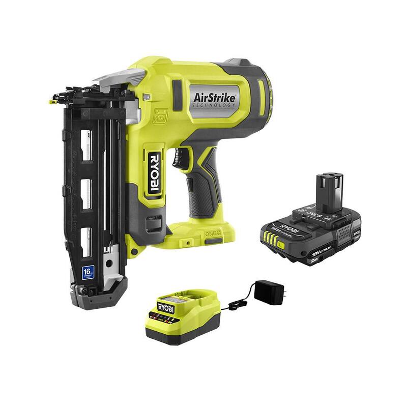 RYOBI ONE+ 18V Clavadora inalámbrica de acabado recto de calibre 16 y kit de inicio de batería compacta de 2.0 Ah - P326-PSK005