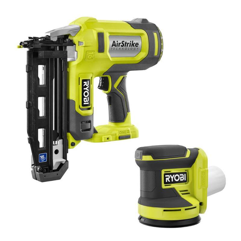 Clavadora inalámbrica RYOBI ONE+ 18V de calibre 16 con acabado AirStrike y Lijadora orbital aleatoria inalámbrica de 5 pulgadas (solo herramientas) - P326-PCL406B