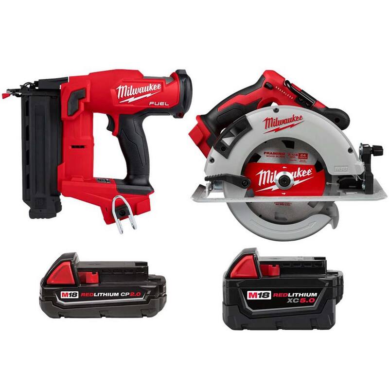 Clavadora inalámbrica Milwaukee M18 FUEL de calibre 18, Sierra circular inalámbrica de 7-1/4 pulgadas, Batería M18 de 2.0 Ah, Batería M18 de 5.0 Ah XC - 2746-20-48-11-1820-2631-20-48-11-1850