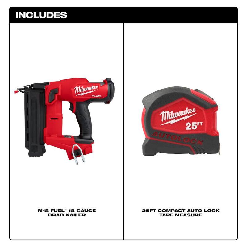 Milwaukee M18 FUEL 18-Volt Lithium-Ion Brushless Cordless Gen II 18-Gauge Brad Nailer con cinta métrica compacta de bloqueo automático de 7.62 metros - 2746-20-48-22-6825.