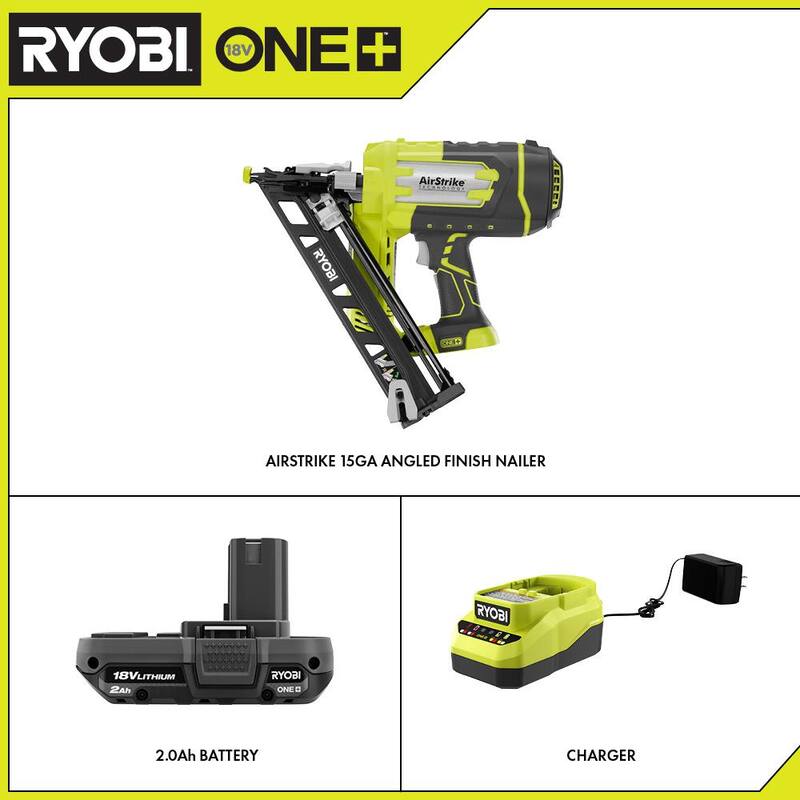 RYOBI ONE+ 18V Clavadora angular sin cable AirStrike de 15 calibres y Kit de inicio de batería compacta de 2.0 Ah y cargador - P330-PSK005