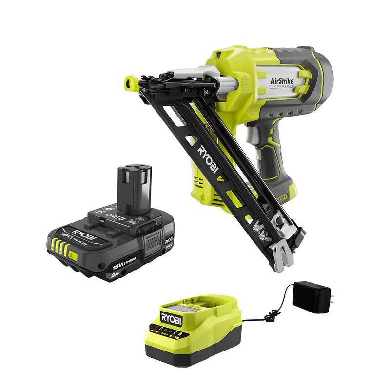 RYOBI ONE+ 18V Clavadora angular sin cable AirStrike de 15 calibres y Kit de inicio de batería compacta de 2.0 Ah y cargador - P330-PSK005