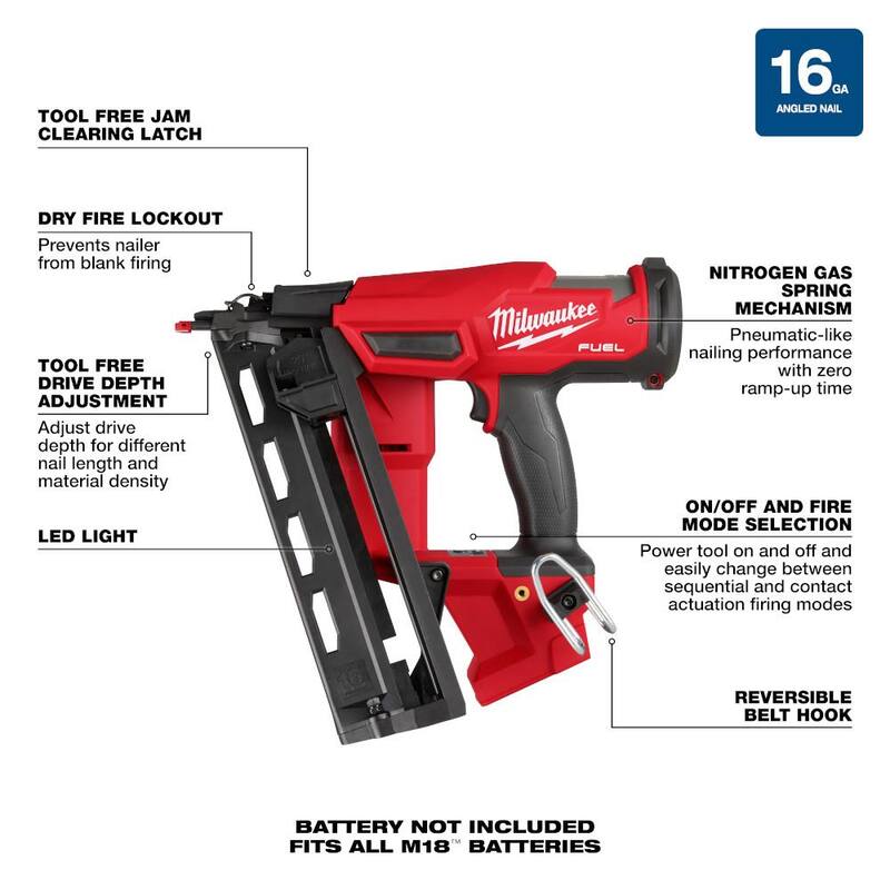 Milwaukee M18 FUEL 18-Volt Lithium-Ion Brushless Cordless Gen II 16-Gauge Angled Nailer con M18 Oscillating Multi-Tool - 2841-20-2626-20