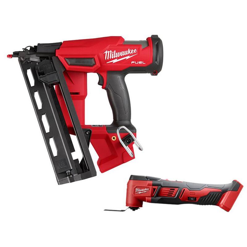 Milwaukee M18 FUEL 18-Volt Lithium-Ion Brushless Cordless Gen II 16-Gauge Angled Nailer con M18 Oscillating Multi-Tool - 2841-20-2626-20
