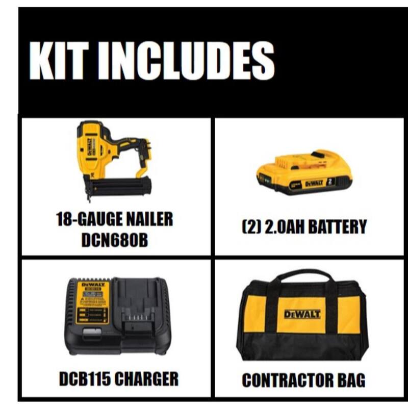 Kit de clavadora inalámbrica DEWALT 20V MAX XR de iones de litio de 18 calibres, (2) baterías de 2.0Ah, cargador y bolsa - DCN680D1wDCB203