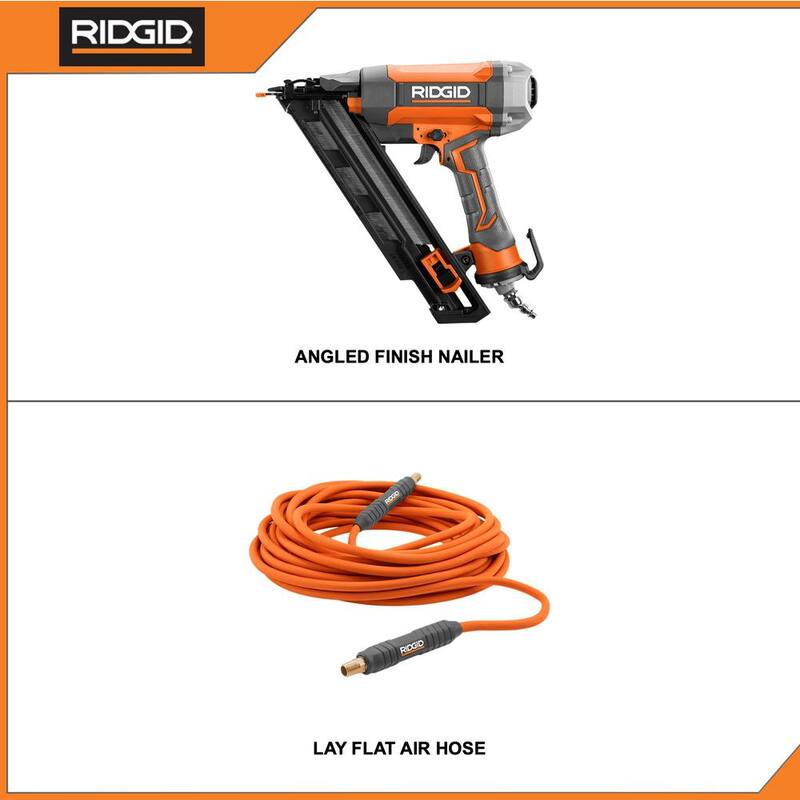 Clavadora neumática de acabado angulado de calibre 15 de 2-1/2 pulg. RIDGID con manguera de aire plana de 1/4 de pulg. y 50 pies - R250AFF-R5025LF