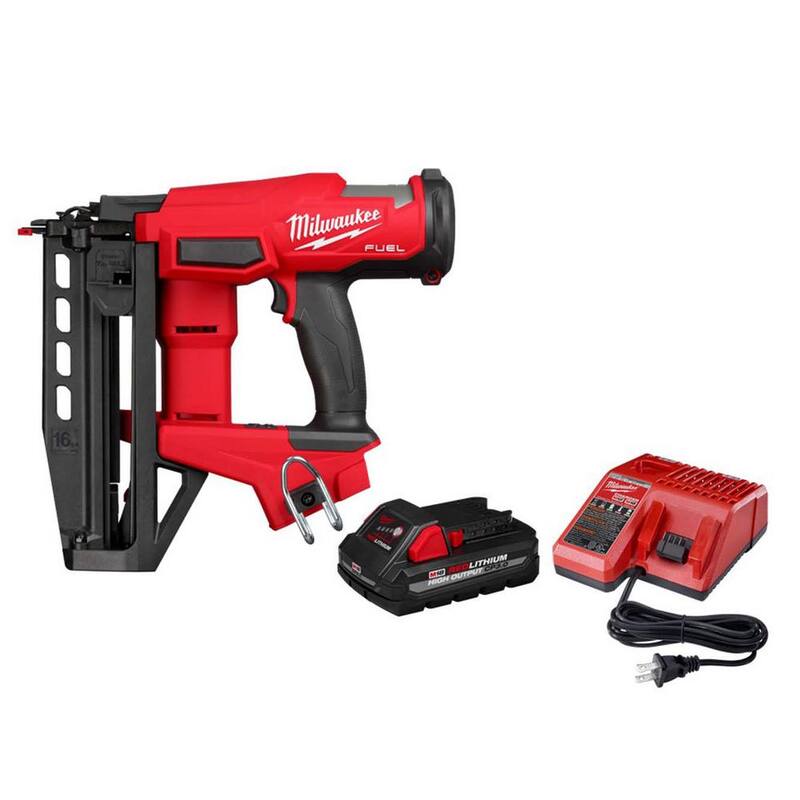 Clavadora recta de acabado inalámbrica sin escobillas de litio de 18 voltios Milwaukee M18 FUEL de segunda generación con calibre 16, con (1) batería de 3 Ah/cargador - 3020-20-48-59-1835