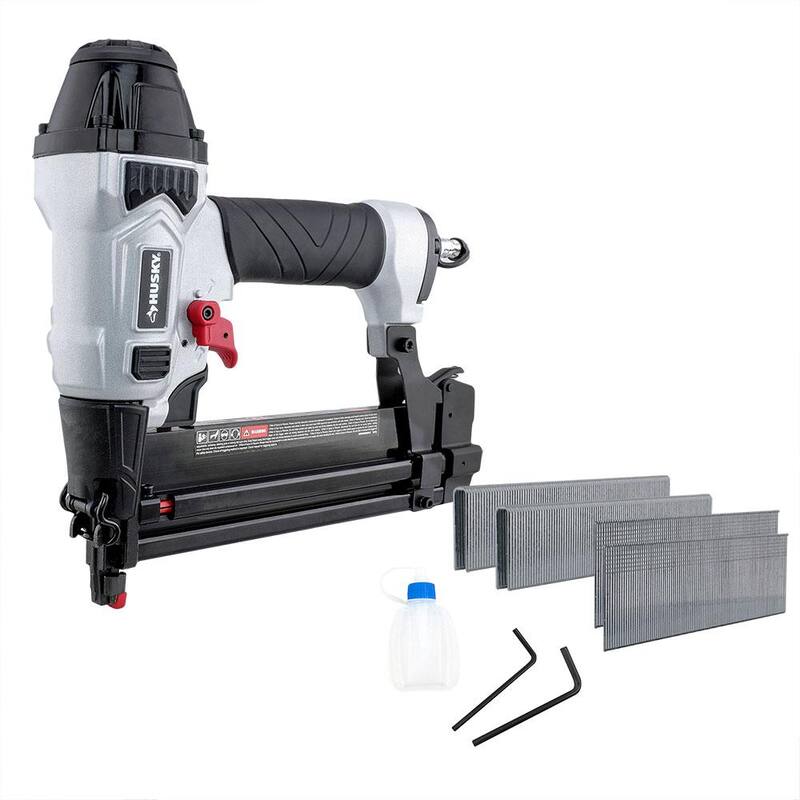 Husky Neumático 2 en 1 Clavadora de Brad de calibre 18 de 2 pulgadas y engrapadora de corona estrecha de 1/4 de pulgada con sujetadores (400 piezas) - DP2118G