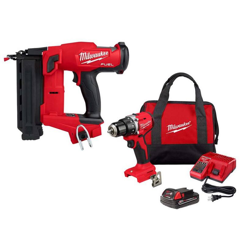 Milwaukee M18 FUEL 18-Volt Lithium-Ion Brushless Cordless Gen II 18-Gauge Brad Nailer con Kit de taladro inalámbrico 1/2 M18 Brushless - 2746-20-3601-21P