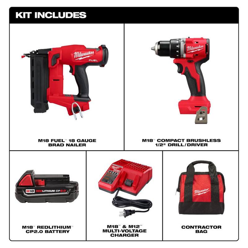Milwaukee M18 FUEL 18-Volt Lithium-Ion Brushless Cordless Gen II 18-Gauge Brad Nailer con Kit de taladro inalámbrico 1/2 M18 Brushless - 2746-20-3601-21P