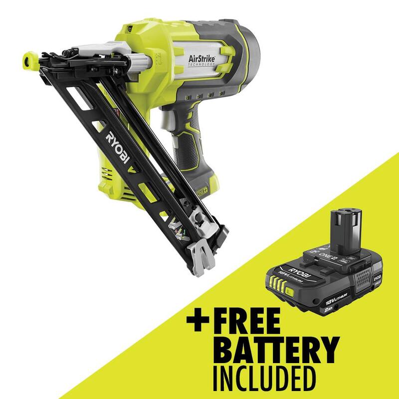 RYOBI ONE+ 18V Clavadora angular inalámbrica AirStrike de calibre 15 con muestras de clavos y batería de iones de litio de 2.0 Ah - P330-PBP006