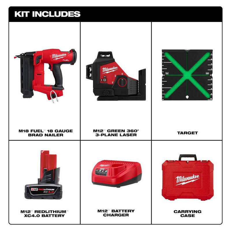Milwaukee M18 FUEL 18GA BRAD NAILER W/M12 Lithium-Ion Cordless Green 250 ft. 3Plane Laser Level Kt w/4.0 Ah Battery, Charger, Case - 2746-20-3632-21

Clavadora de brad inalámbrica Milwaukee M18 FUEL 18GA con batería de iones de litio M12 verde, Nivel láser 3D de 250 pies y 4.0 Ah de batería, cargador y estuche - 2746-20-3632-21.