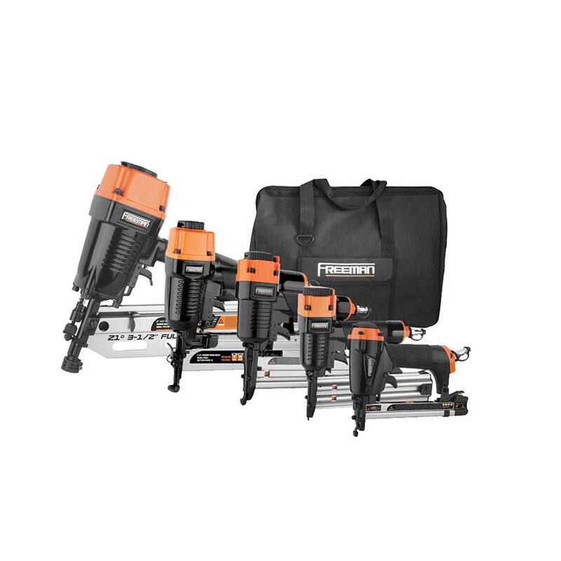 Kit combinado de clavadoras y engrapadoras neumáticas para armazones y acabados de Freeman con bolsa de lona y sujetadores (5 piezas) - P5FRFNFWSCB
