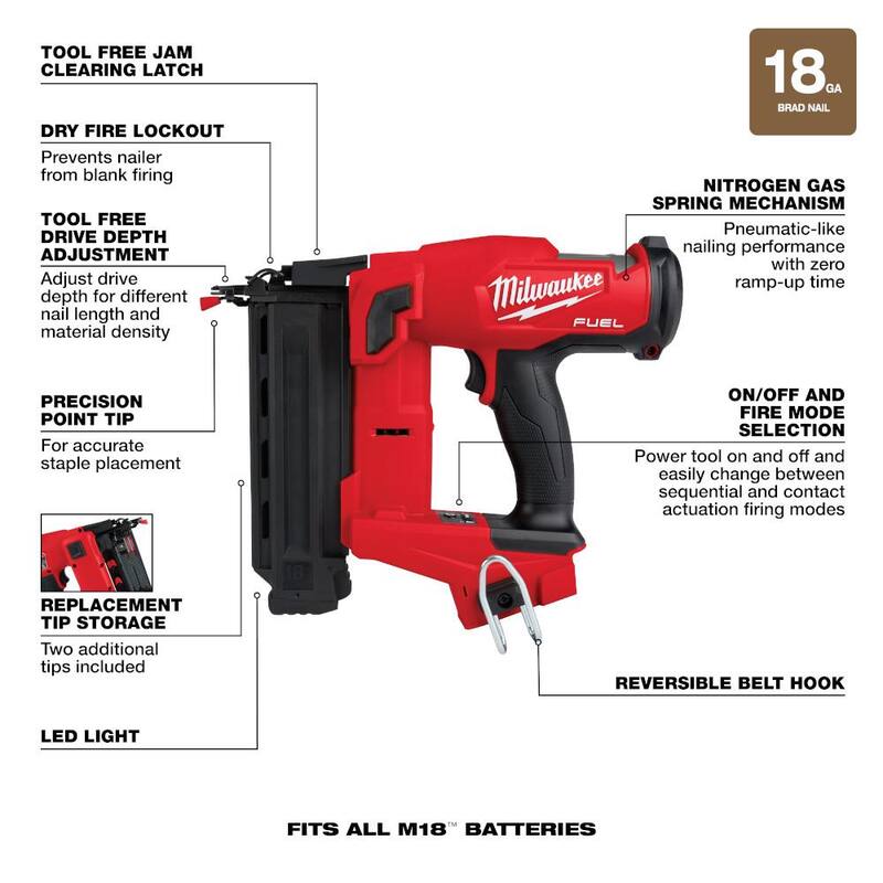 Milwaukee M18 FUEL Clavadora de Clavos de Brad de Calibre 18 sin Escobillas, Inalámbrica, de Iones de Litio de 18 Voltios Gen II con Batería de 8.0 Ah y Cargador Rápido - 2746-20-48-59-1880