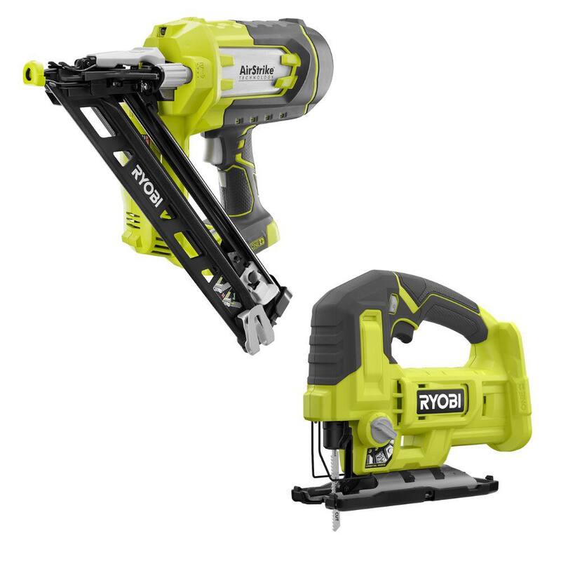 Clavadora de acabado angular RYOBI ONE+ 18V inalámbrica AirStrike de calibre 15 con segueta inalámbrica (Solo herramientas) - P330-PCL525B