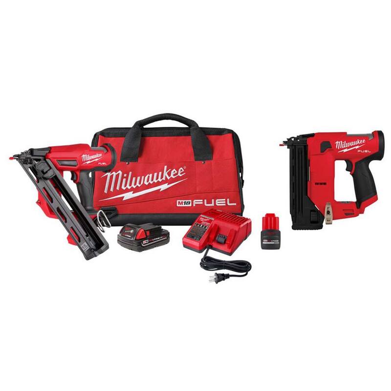 Remachadora angular inalámbrica de acabado de calibre 15 Milwaukee M18 FUEL de 18 voltios con M12 Brad Nailer, (2) baterías y (1) cargador - 2839-21CT-2541-20-48-11-2425