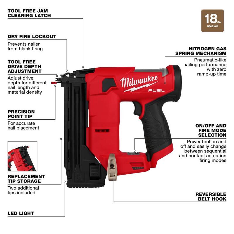 Remachadora angular inalámbrica de acabado de calibre 15 Milwaukee M18 FUEL de 18 voltios con M12 Brad Nailer, (2) baterías y (1) cargador - 2839-21CT-2541-20-48-11-2425