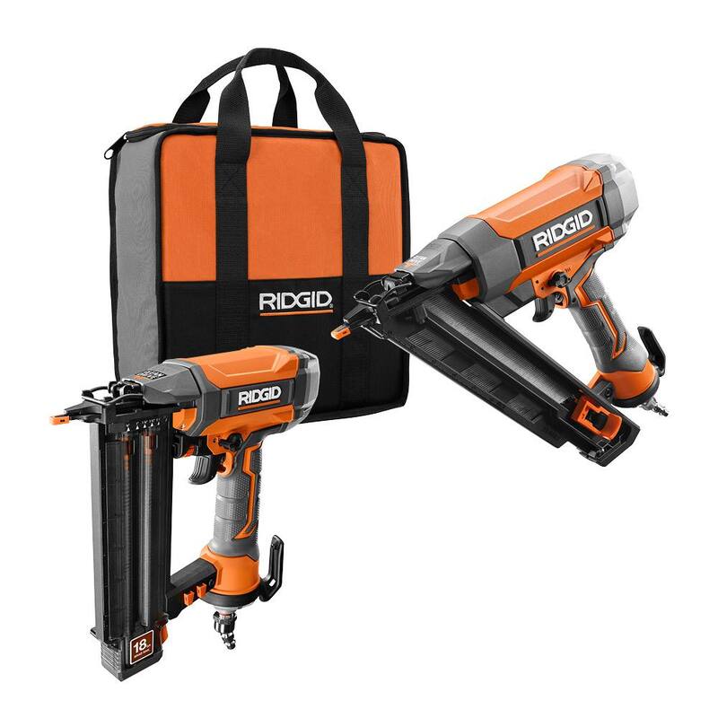 Clavadora neumática de calibre 18 de 2-1/8 pulgadas con tecnología CLEAN DRIVE y clavadora de acabado angular RIDGID - R213BNF-R250AFF.
