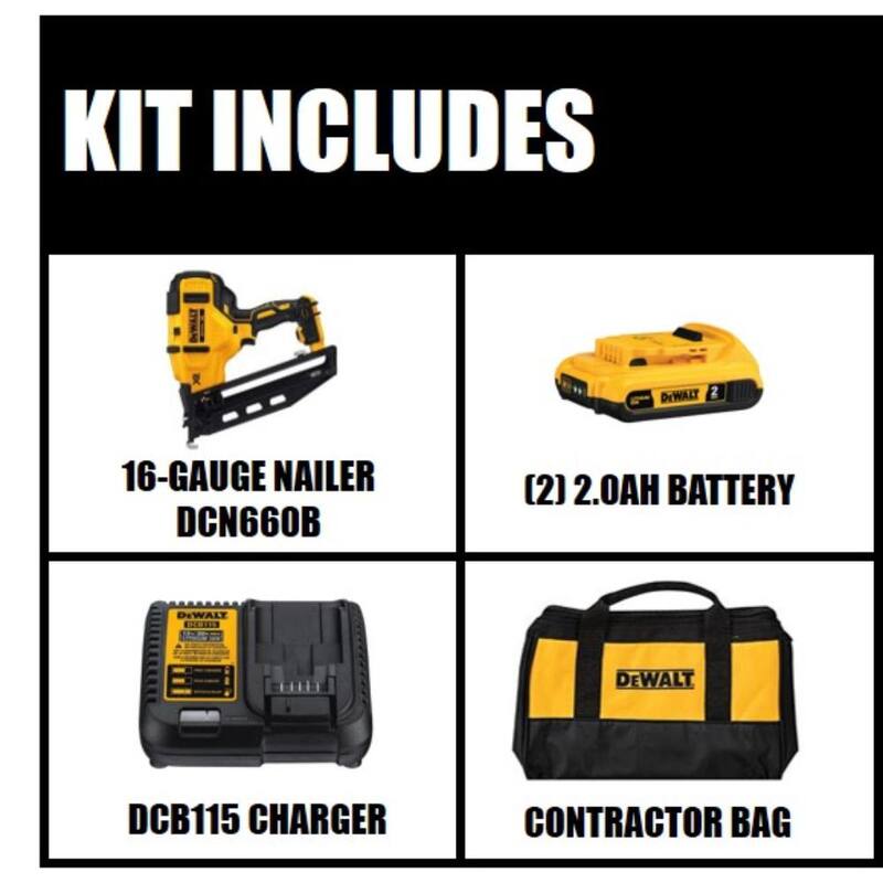 DEWALT 20V MAX XR Lithium-Ion 16-Gauge Cordless Angled Finish Nailer Kit con (2) Paquetes de baterías de 2.0Ah, Cargador y Bolsa - DCN660D1wDCB203